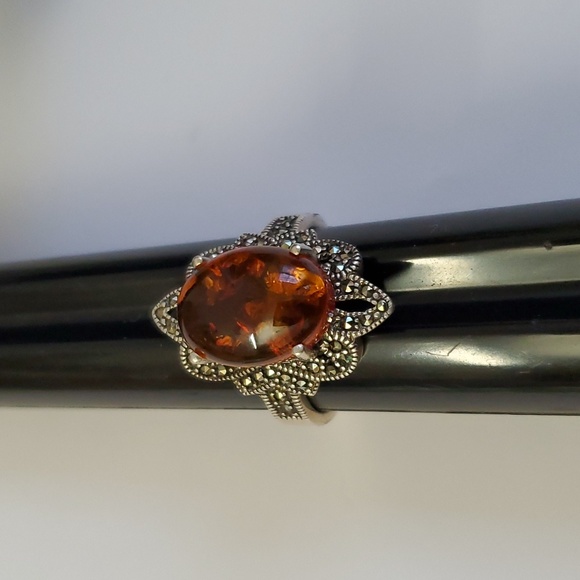 Sterling Silver 925 Amber and Marcasite Nugget Ring - Picture 10 of 10
